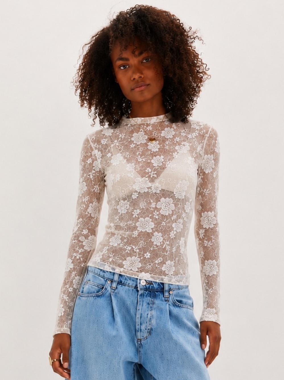 Delicate White Sheer Floral Lace Long Sleeve Feminine versatile top in white